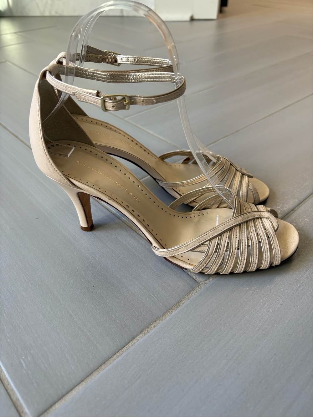 ANTONIO MELANI Blair Sandals | Bone & Silver Strappy Open-Toe Heels - Picture 2 of 9